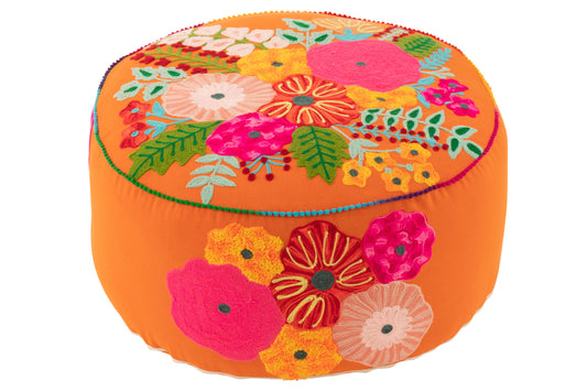 POUF ROUND FLOWERS EMBROIDERY COTTON/POLYESTER ORANGE