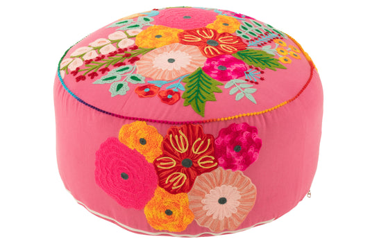 POUF ROUND FLOWERS EMBROIDERY COTTON/POLYESTER PINK