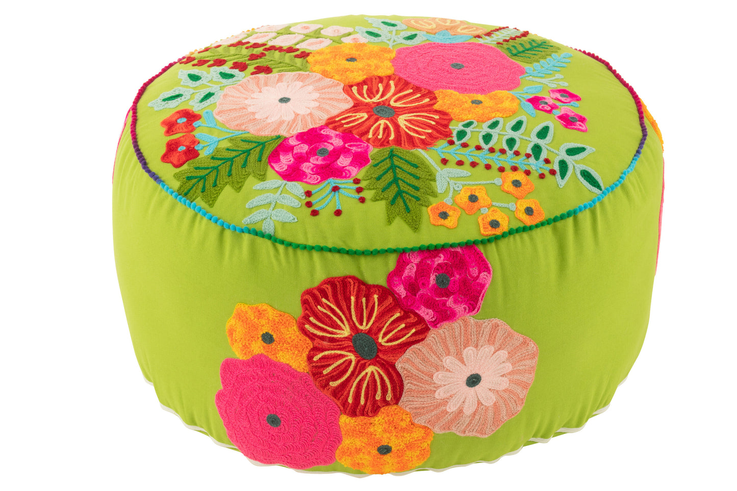 POUF ROUND FLOWERS EMBROIDERY COTTON/POLYESTER GREEN