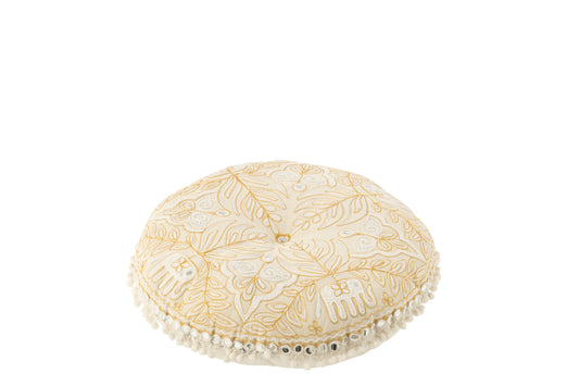 POUF ROUND FLAT ELEPHANTS+MIRRORS COTTON CREAM/GOLD SMALL