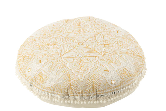 POUF ROUND FLAT ELEPHANTS+MIRRORS COTTON CREAM/GOLD LARGE