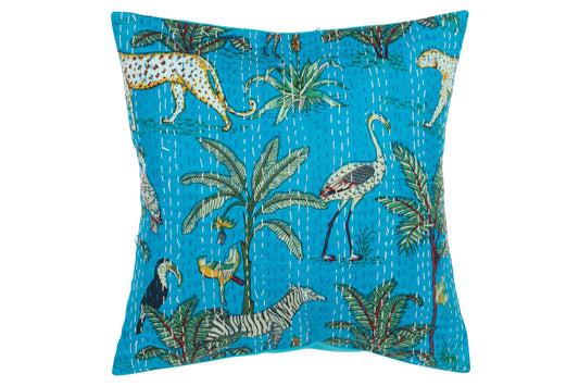 CUSHION EXOTIC ANIMALS/PLANTS STITCHES COTTON BLUE