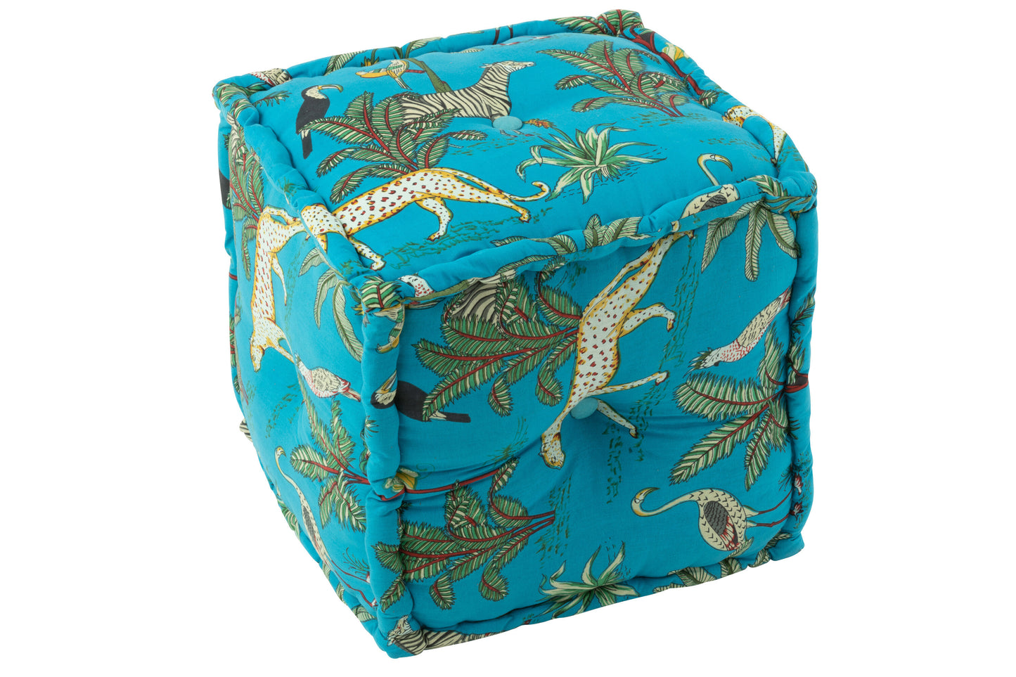 POUF CUBE EXOTIC ANIMALS/PLANTS COTTON BLUE