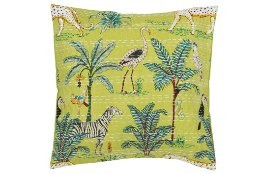 CUSHION EXOTIC ANIMALS/PLANTS STITCHES COTTON GREEN