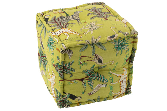 POUF CUBE EXOTIC ANIMALS/PLANTS COTTON GREEN