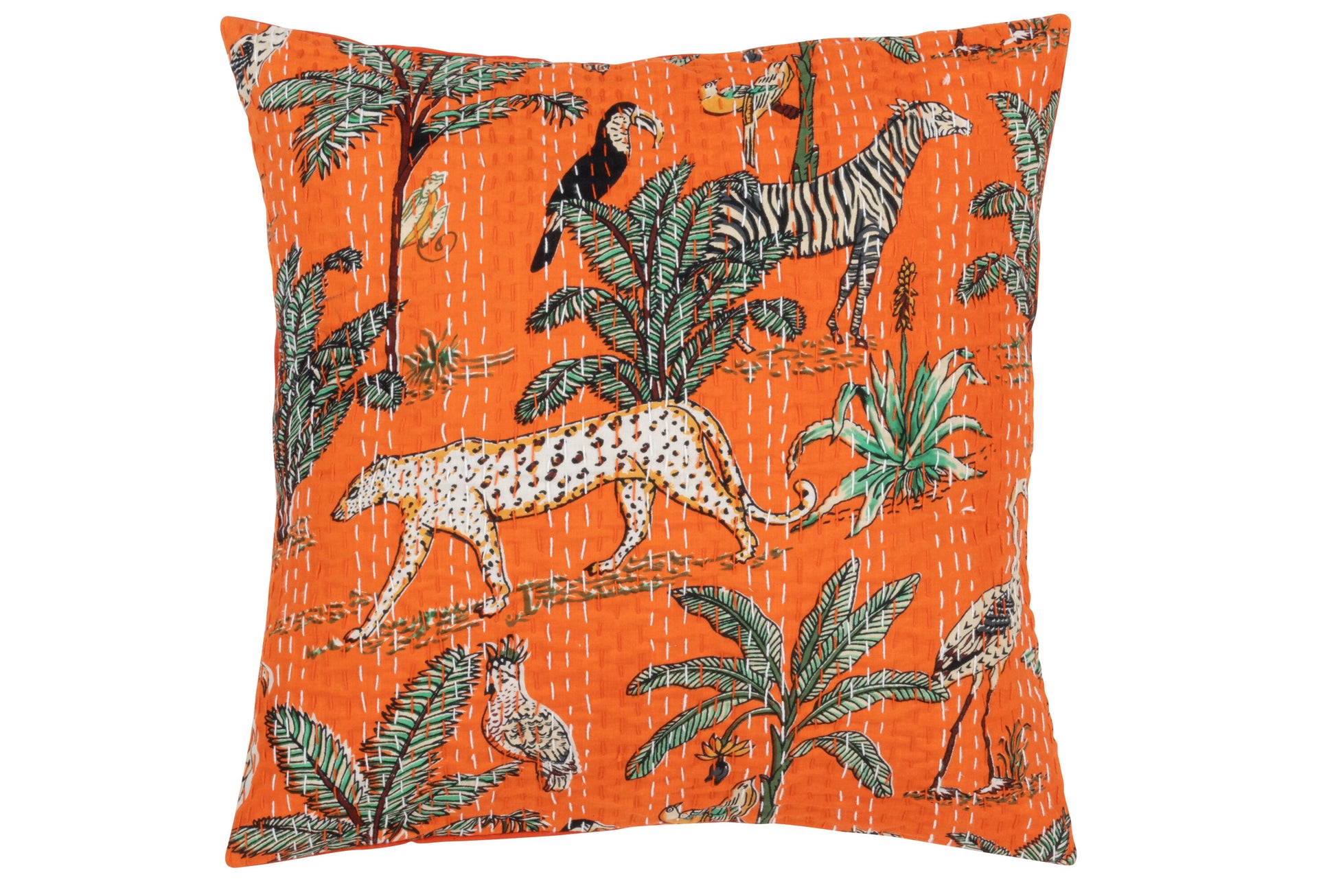 CUSHION EXOTIC ANIMALS/PLANTS STITCHES COTTON ORANGE