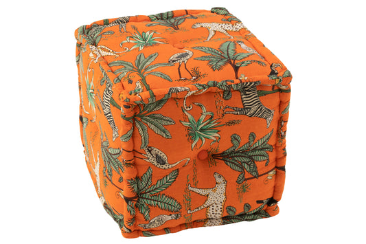 POUF CUBE EXOTIC ANIMALS/PLANTS COTTON ORANGE