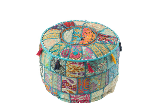 POUF ROUND PATTERNS+TASSELS COTTON BLUE