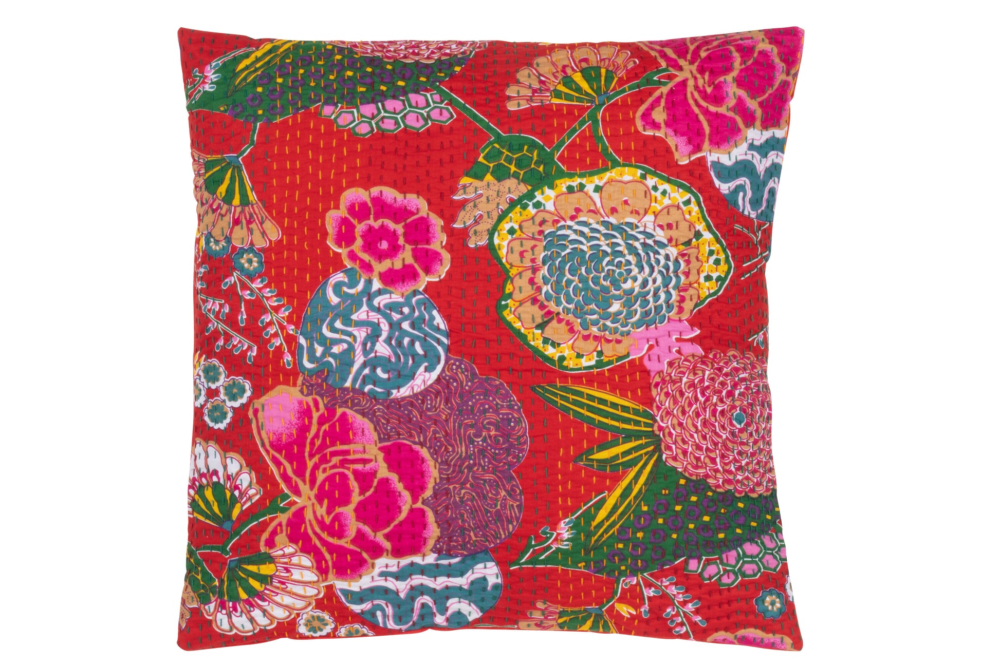 CUSHION FLOWERS+STITCHES COTTON RED