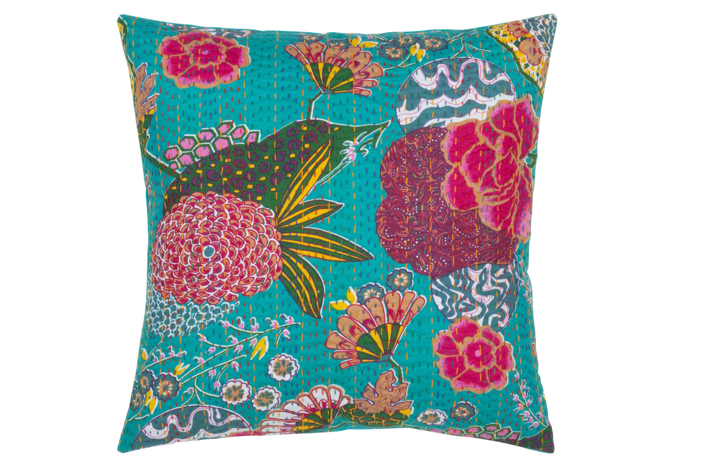 CUSHION FLOWERS+STITCHES COTTON TURQUOISE