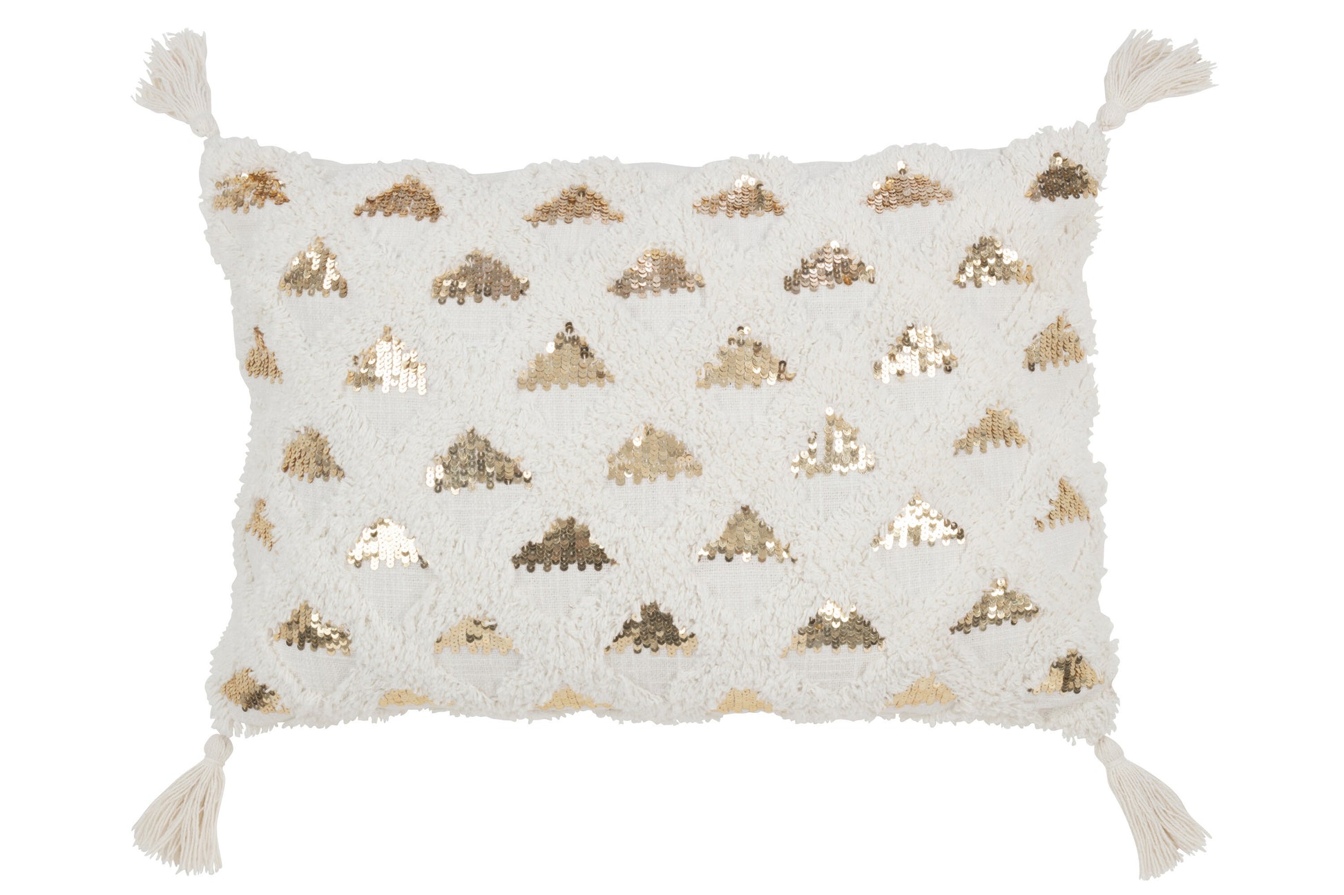 CUSHION TUFTED TASSELS COTTON/SEQUIN WHITE/GOLD