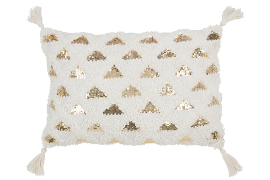 CUSHION TUFTED TASSELS COTTON/SEQUIN WHITE/GOLD