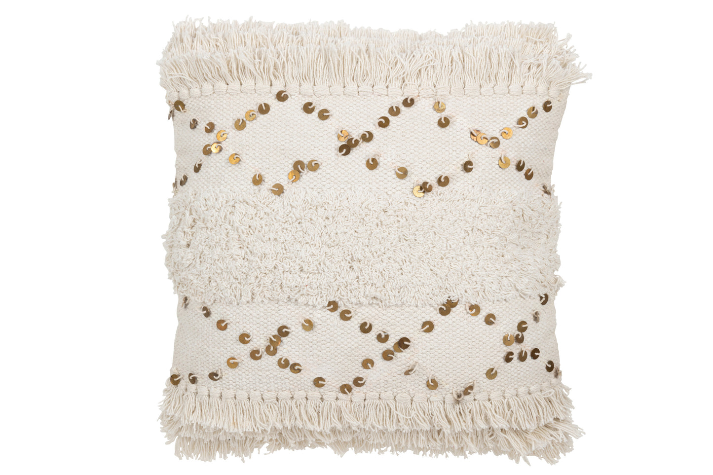 CUSHION TUFTED FRINGES COTTON/SEQUIN WHITE/GOLD