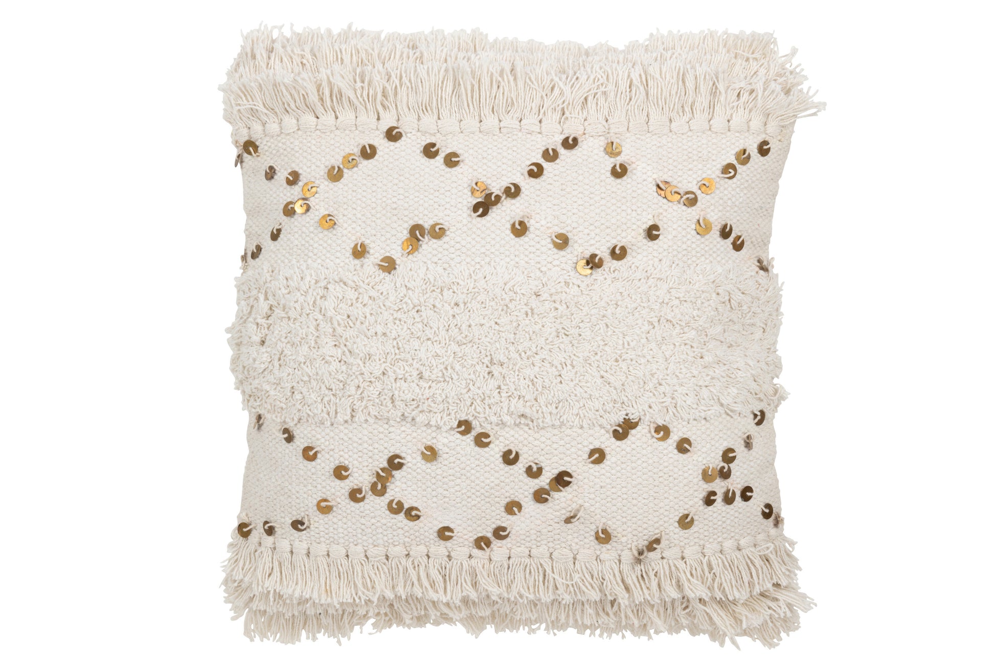 CUSHION TUFTED FRINGES COTTON/SEQUIN WHITE/GOLD