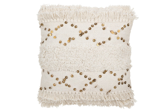 CUSHION TUFTED FRINGES COTTON/SEQUIN WHITE/GOLD