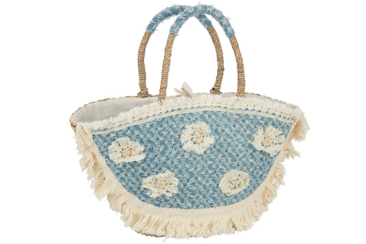 BEACH BAG FLOWERS+FRINGES DENIM SEAGRASS NATURAL/BLUE