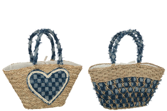 BEACH BAG HEART/PATTERN DENIM SEAGRASS NATURAL/BLUE ASSORTMENT OF 2