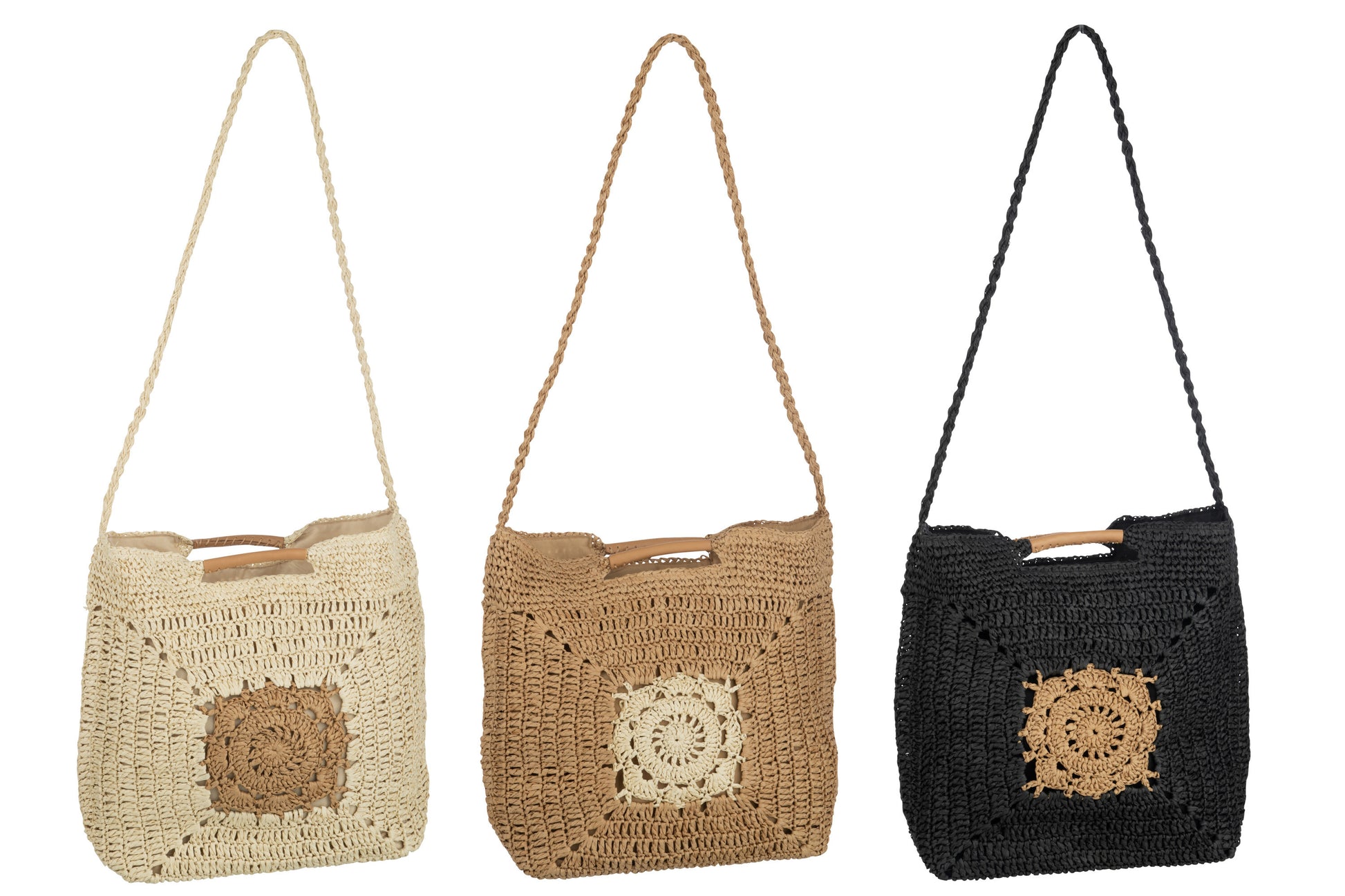 BEACH BAG SQUARE CROCHET PAPER NATURAL/BLACK ASSORTMENT OF 3