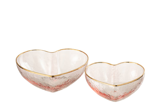 SET OF TWO APERO DISHES HEART GLASS GOLD/PINK