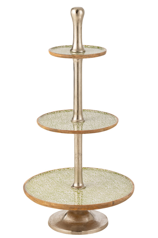 CAKE STAND 3 TIER PATTERN MANGO WOOD GREEN/WHITE