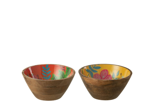 BOWL FLOWER MANGO WOOD YELLOW/PINK MEDIUM ASSORTMENT OF 2