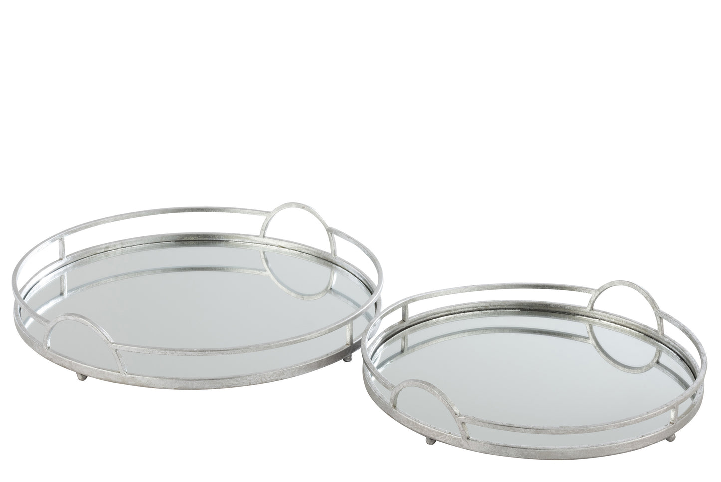 SET OF 2 TRAY ROUND MIRROR IRON SILVER