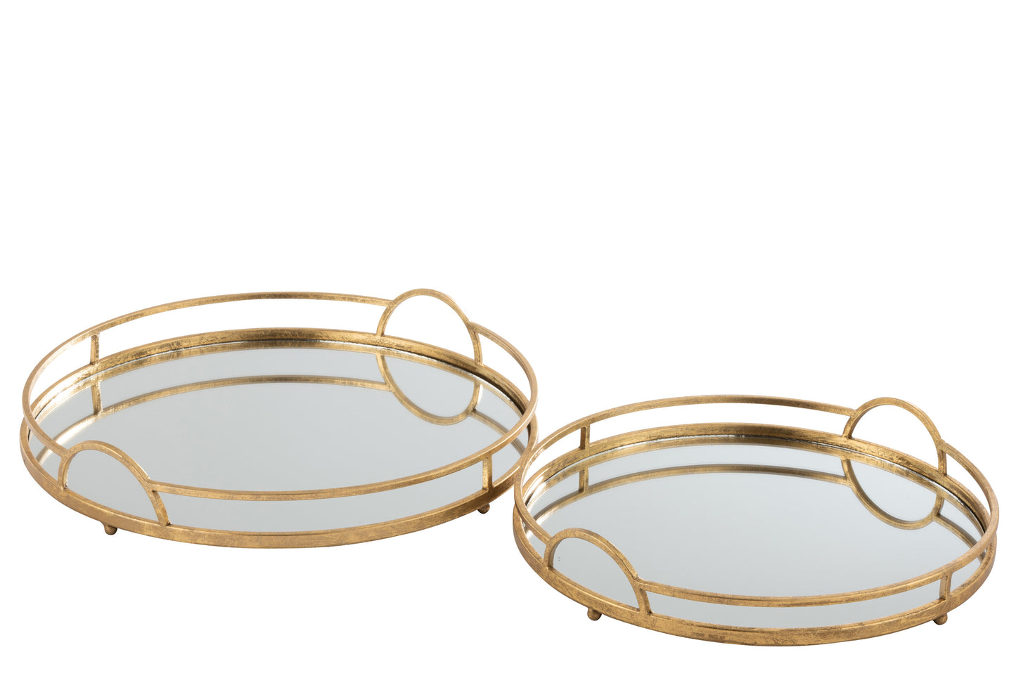 SET OF 2 TRAY ROUND MIRROR IRON GOLD