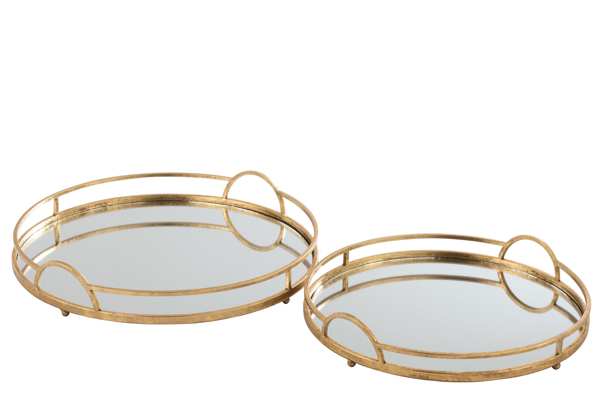 SET OF 2 TRAY ROUND MIRROR IRON GOLD