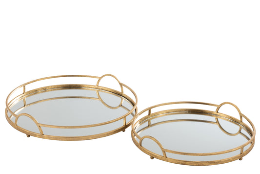 SET OF 2 TRAY ROUND MIRROR IRON GOLD