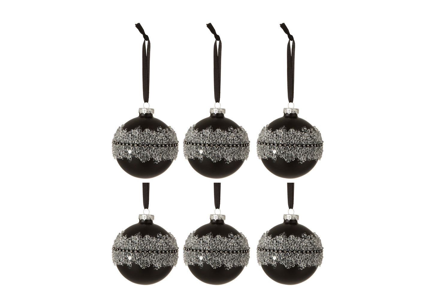 BOX OF 6 CHRISTMAS BAUBLES SUGAR MIDDLE DIAMONDS LINE GLASS MATTE BLACK SMALL