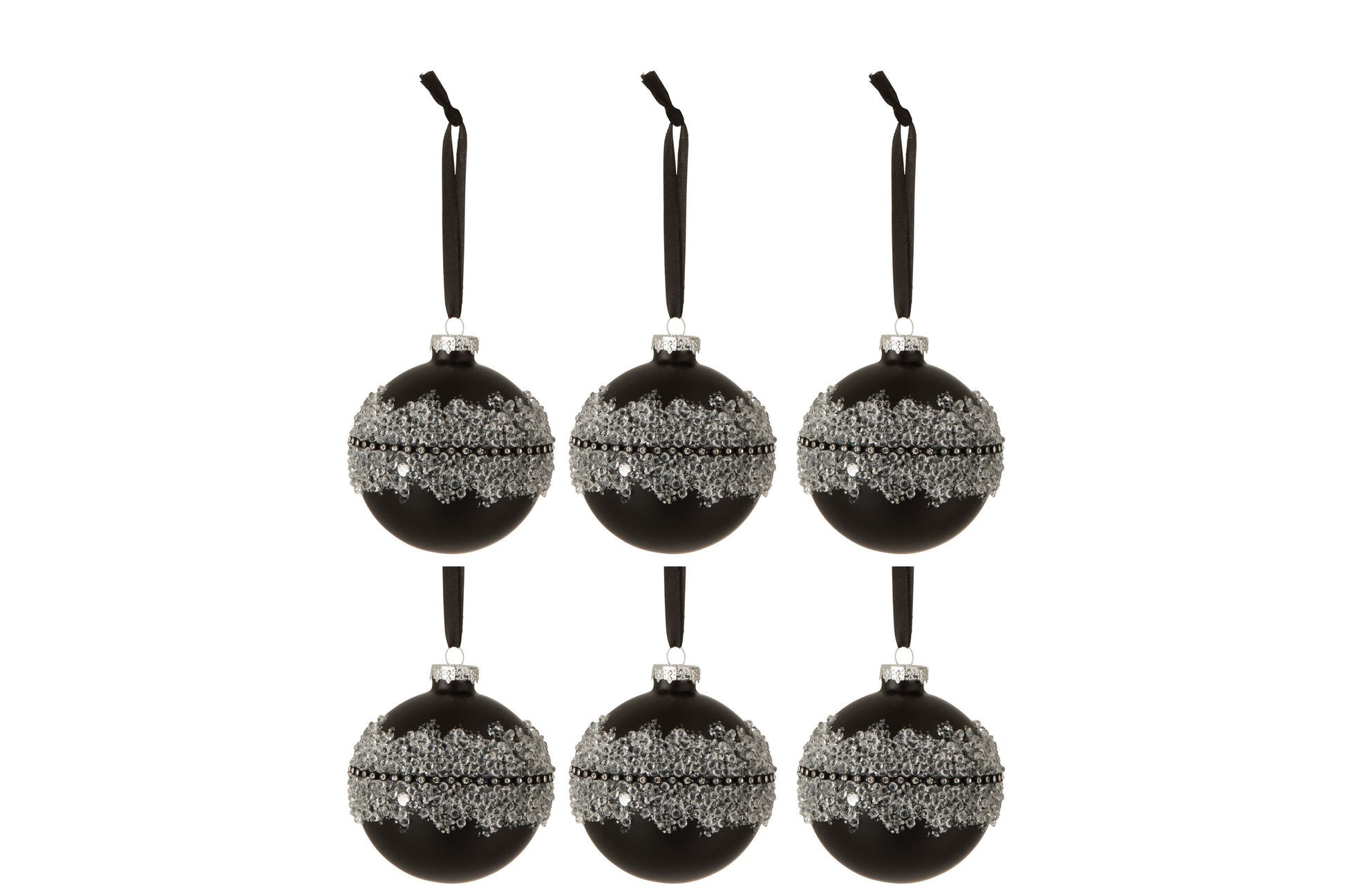 BOX OF 6 CHRISTMAS BAUBLES SUGAR MIDDLE DIAMONDS LINE GLASS MATTE BLACK SMALL