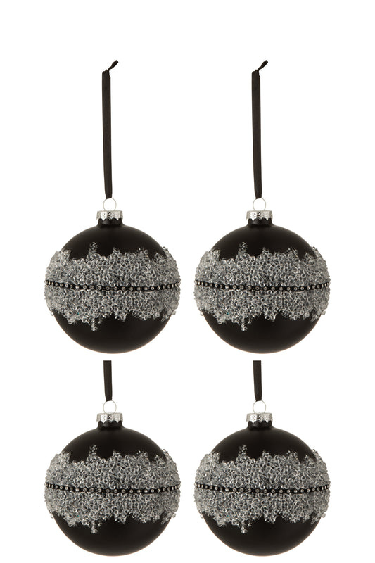 BOX OF 4 CHRISTMAS BAUBLES SUGAR MIDDLE DIAMONDS LINE GLASS MATTE BLACK MEDIUM