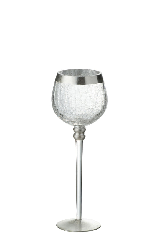 CANDLEHOLDER BALL ON BASE CRACKLE GLASS TRANSPARENT/SILVER MEDIUM