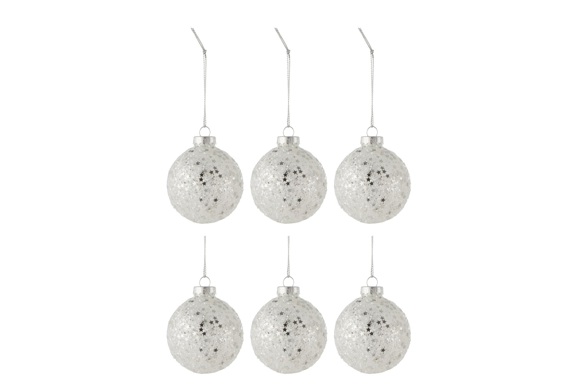 BOX OF 6 CHRISTMAS BAUBLES STARS GLASS SILVER SMALL