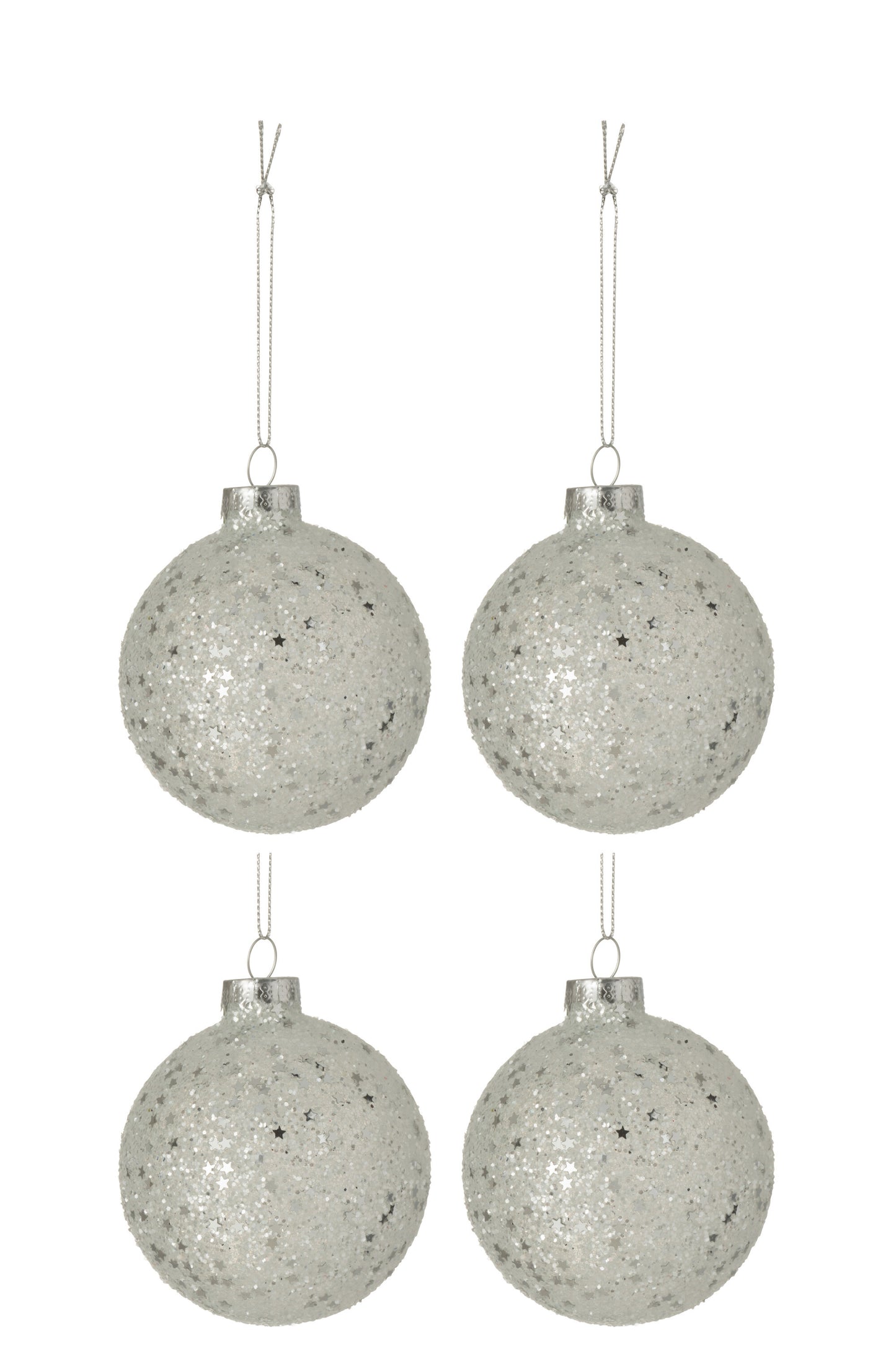 BOX OF 4 CHRISTMAS BAUBLES STARS GLASS SILVER MEDIUM