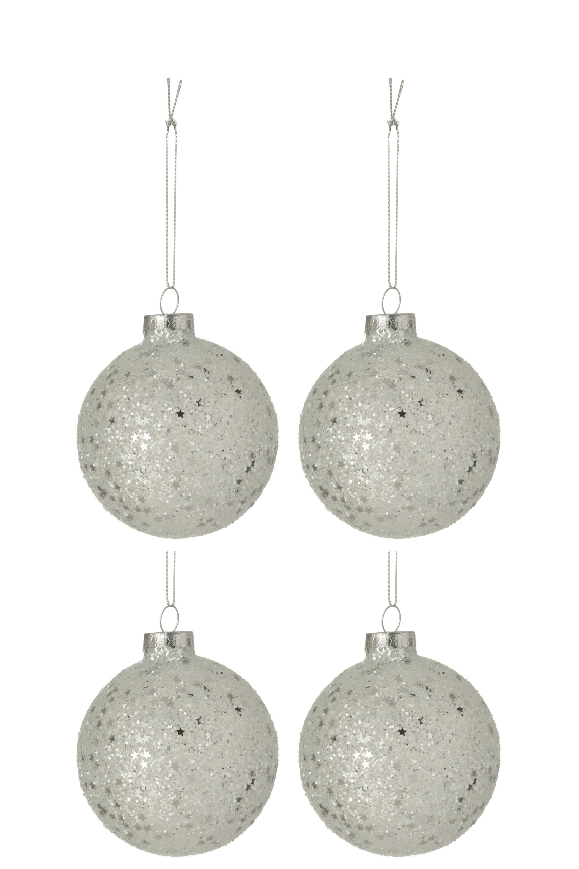 BOX OF 4 CHRISTMAS BAUBLES STARS GLASS SILVER MEDIUM