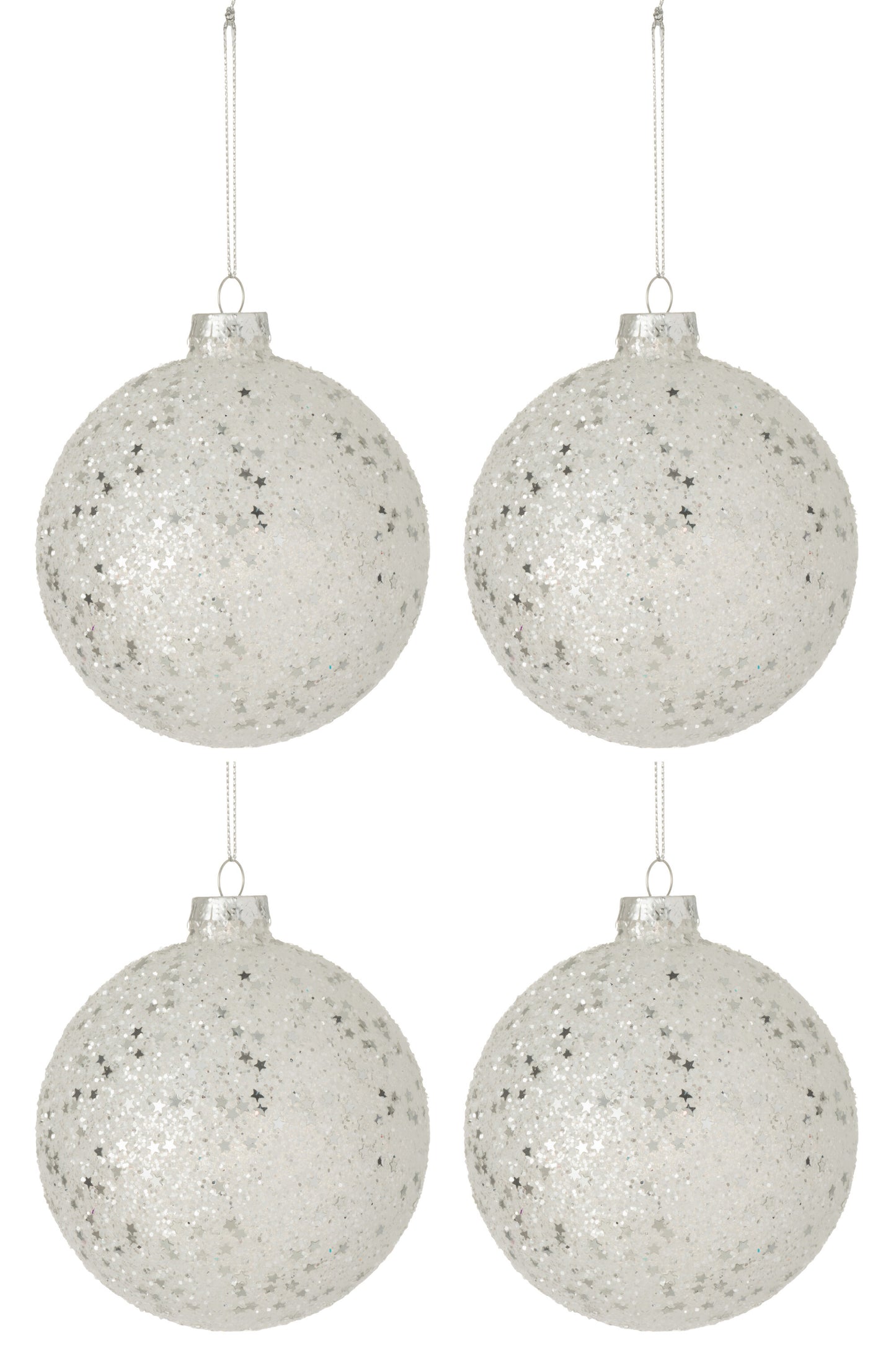 BOX OF 4 CHRISTMAS BAUBLES STARS GLASS SILVER LARGE