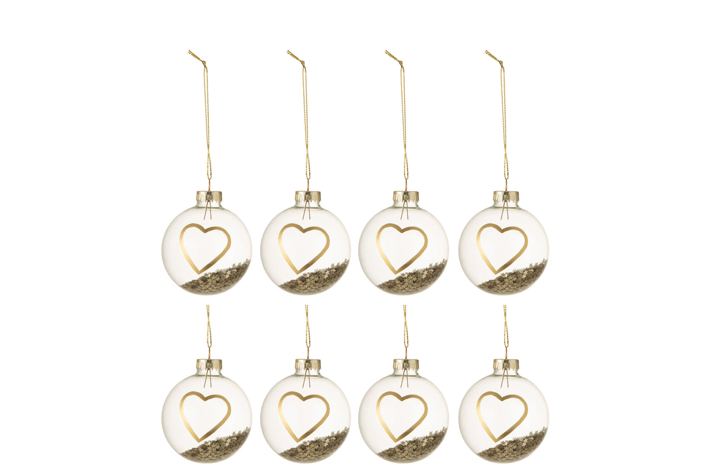 BOX OF 8 CHRISTMAS BAUBLES HEART GLASS CLEAR GOLD SMALL