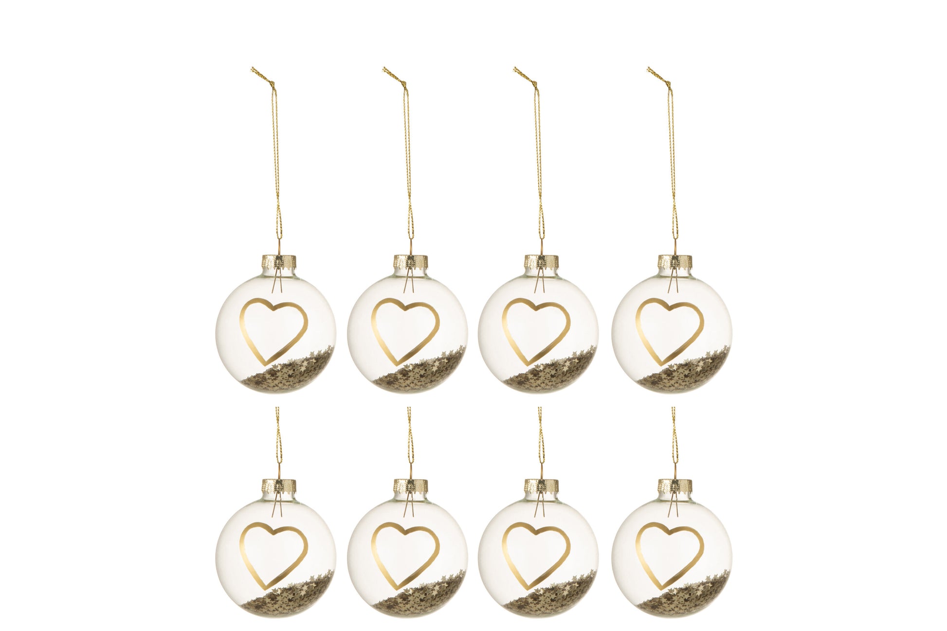 BOX OF 8 CHRISTMAS BAUBLES HEART GLASS CLEAR GOLD SMALL