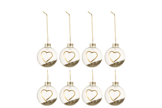 BOX OF 8 CHRISTMAS BAUBLES HEART GLASS CLEAR GOLD SMALL