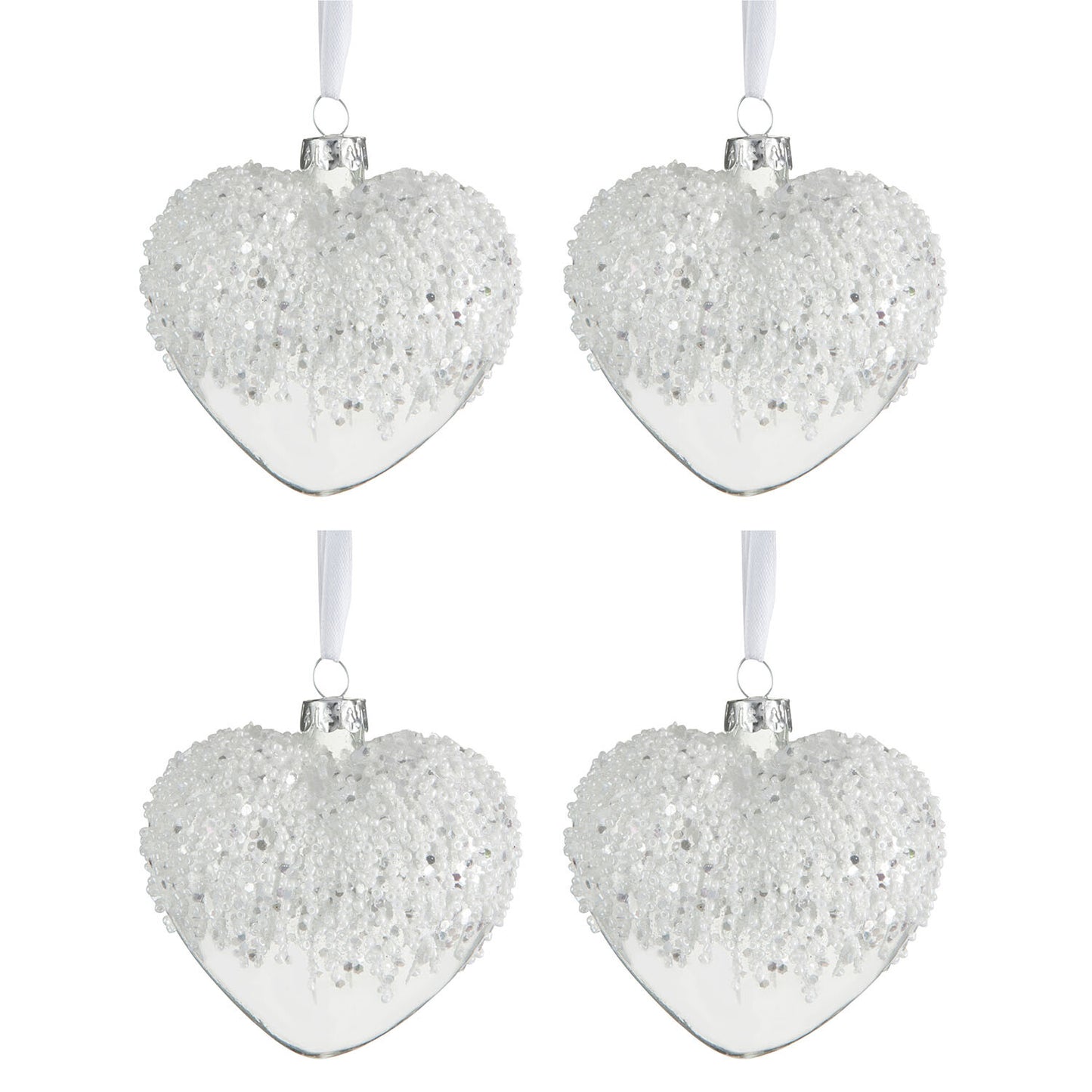 BOX OF 4 CHRISTMAS BAUBLES HEART PEARLS WHITE GLASS TRANSPARENT