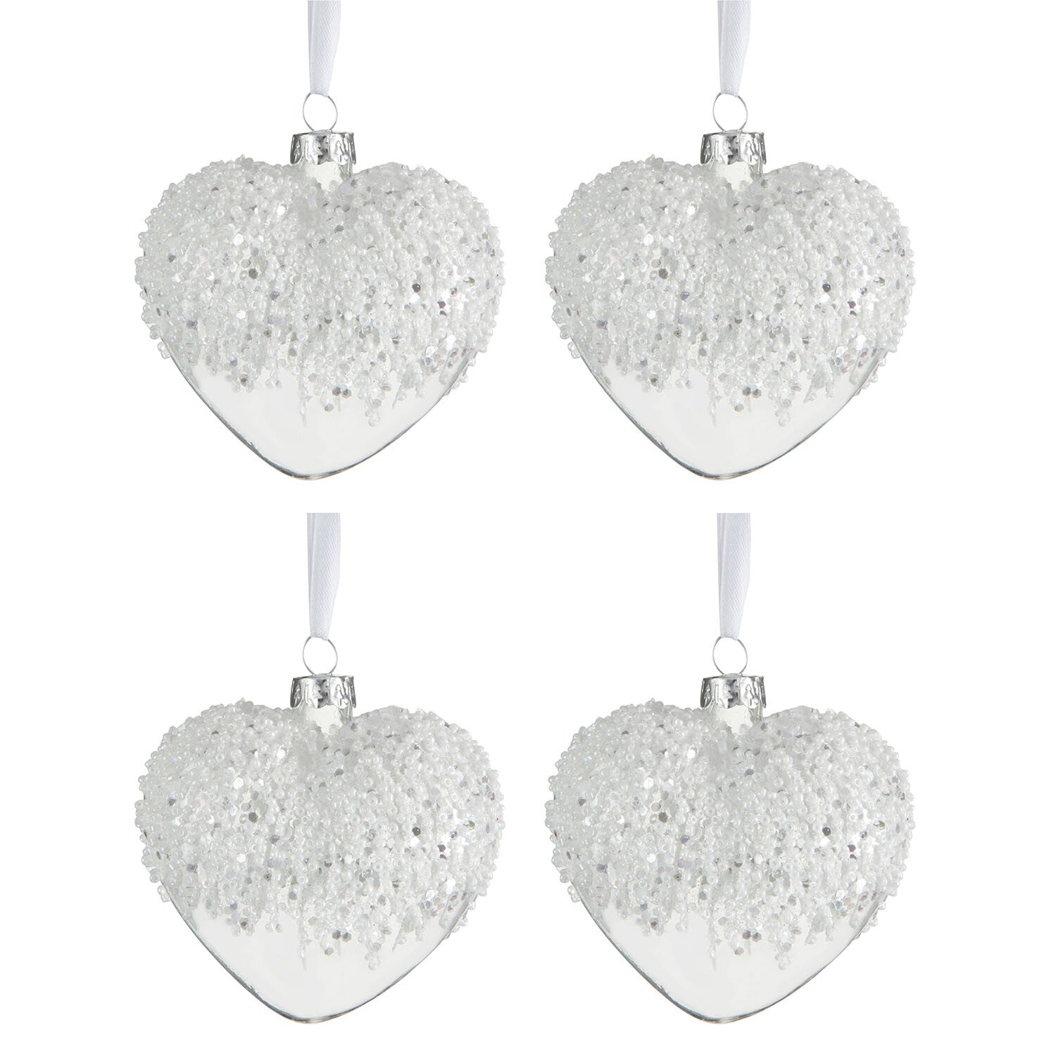 BOX OF 4 CHRISTMAS BAUBLES HEART PEARLS WHITE GLASS TRANSPARENT