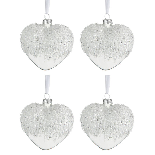 BOX OF 4 CHRISTMAS BAUBLES HEART PEARLS WHITE GLASS TRANSPARENT