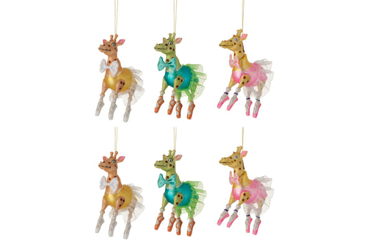 BOX OF 6 CHRISTMAS BAUBLES GIRAFFE GLASS MIX ASSORTMENT OF 3