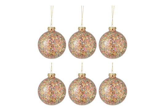 BOX OF 6 CHRISTMAS BAUBLES CONFETTI GLASS MIX MEDIUM