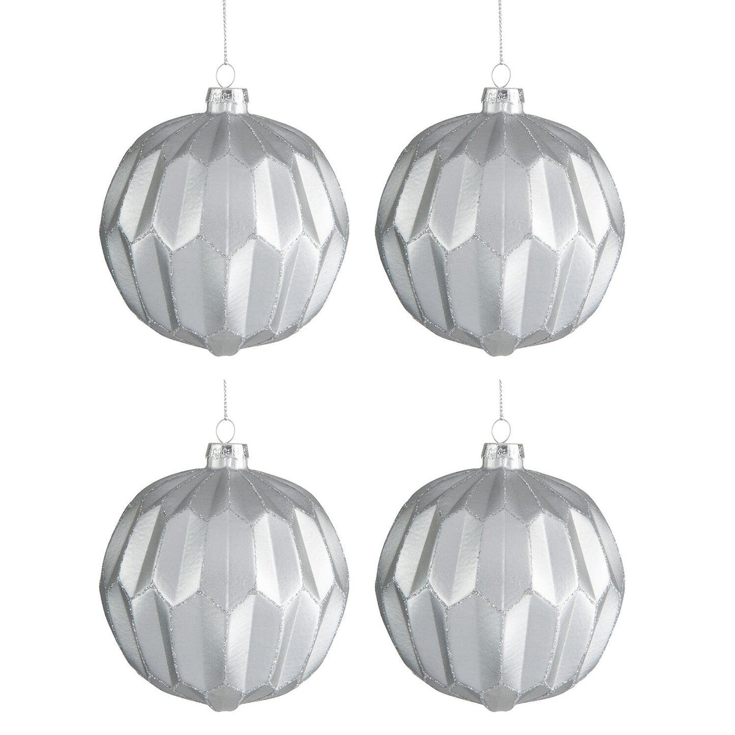 BOX OF 4 BAUBLE SURFACE GLITTER SILVER GLASS MAT SILVER MEDIUM 10CM