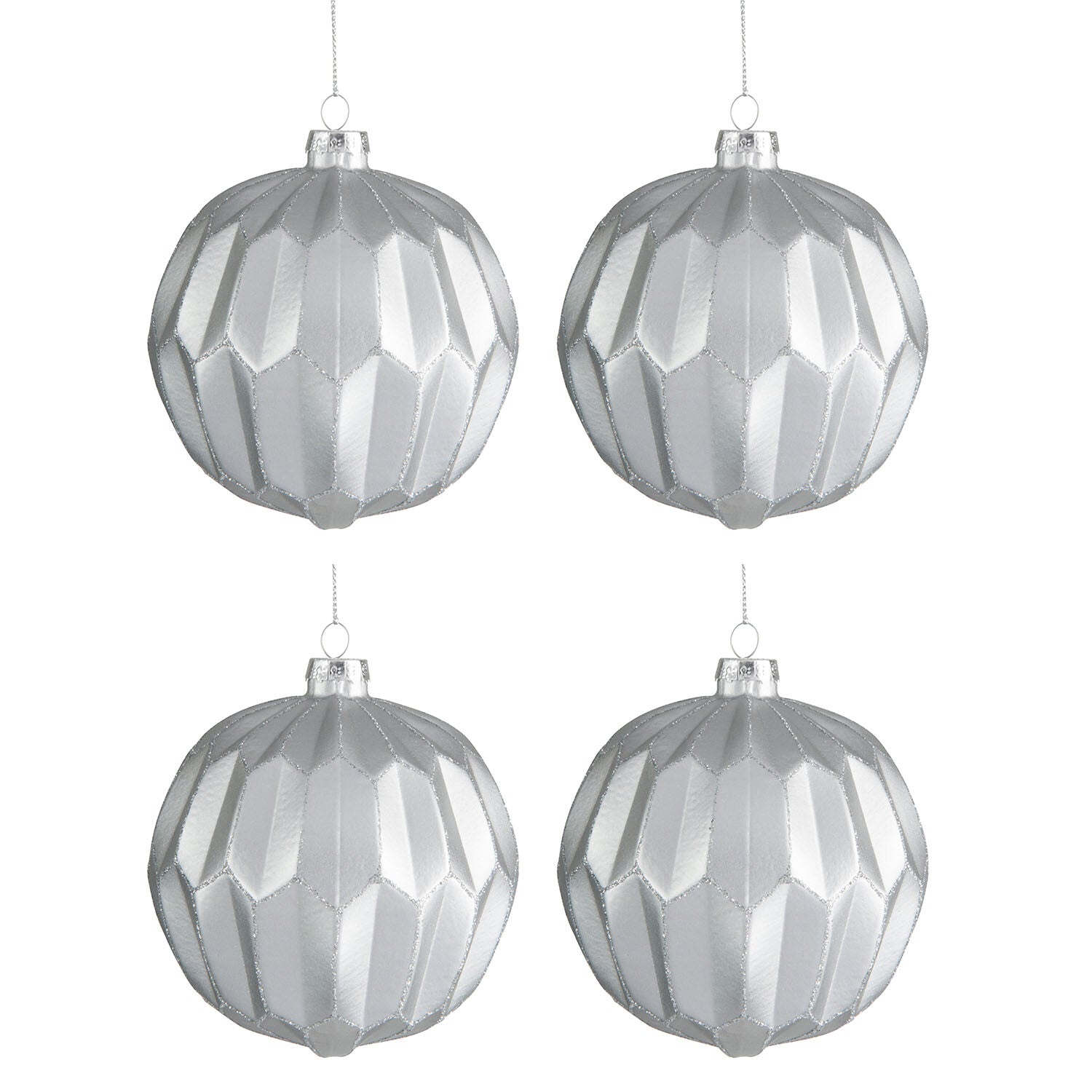 BOX OF 4 BAUBLE SURFACE GLITTER SILVER GLASS MAT SILVER MEDIUM 10CM