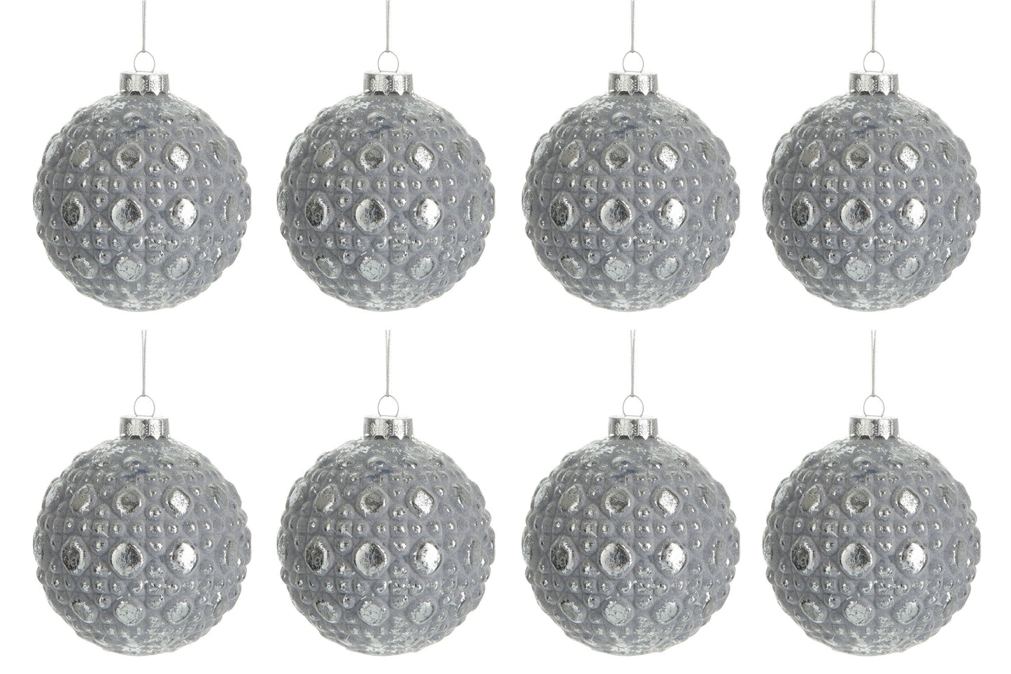 BOX OF 8 BAUBLE ROUND PATTERN GLASS ANTIQUE GREY SMALL 8CM