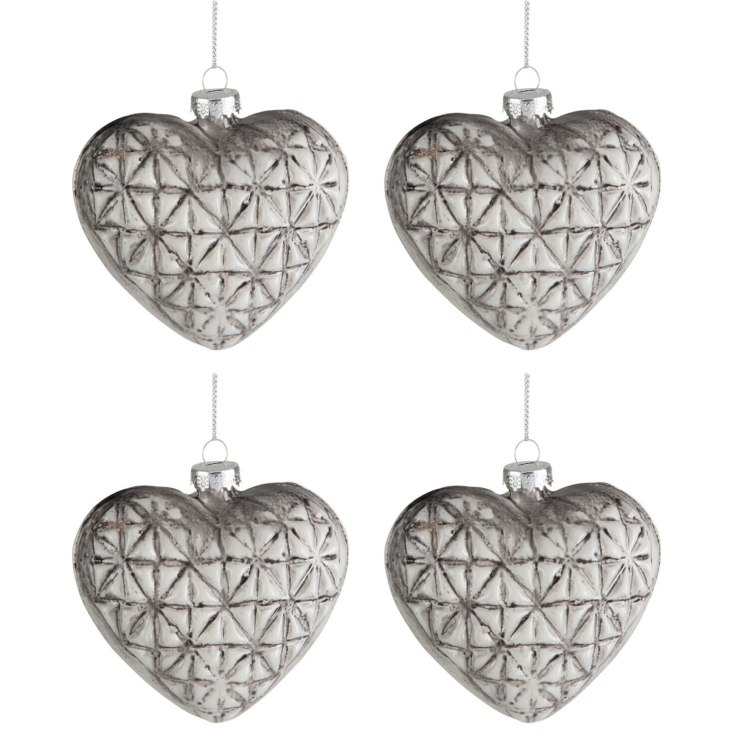 BOX OF 4 BAUBLE HEART PRINT GLASS GREEN/BEIGE SMALL 9CM