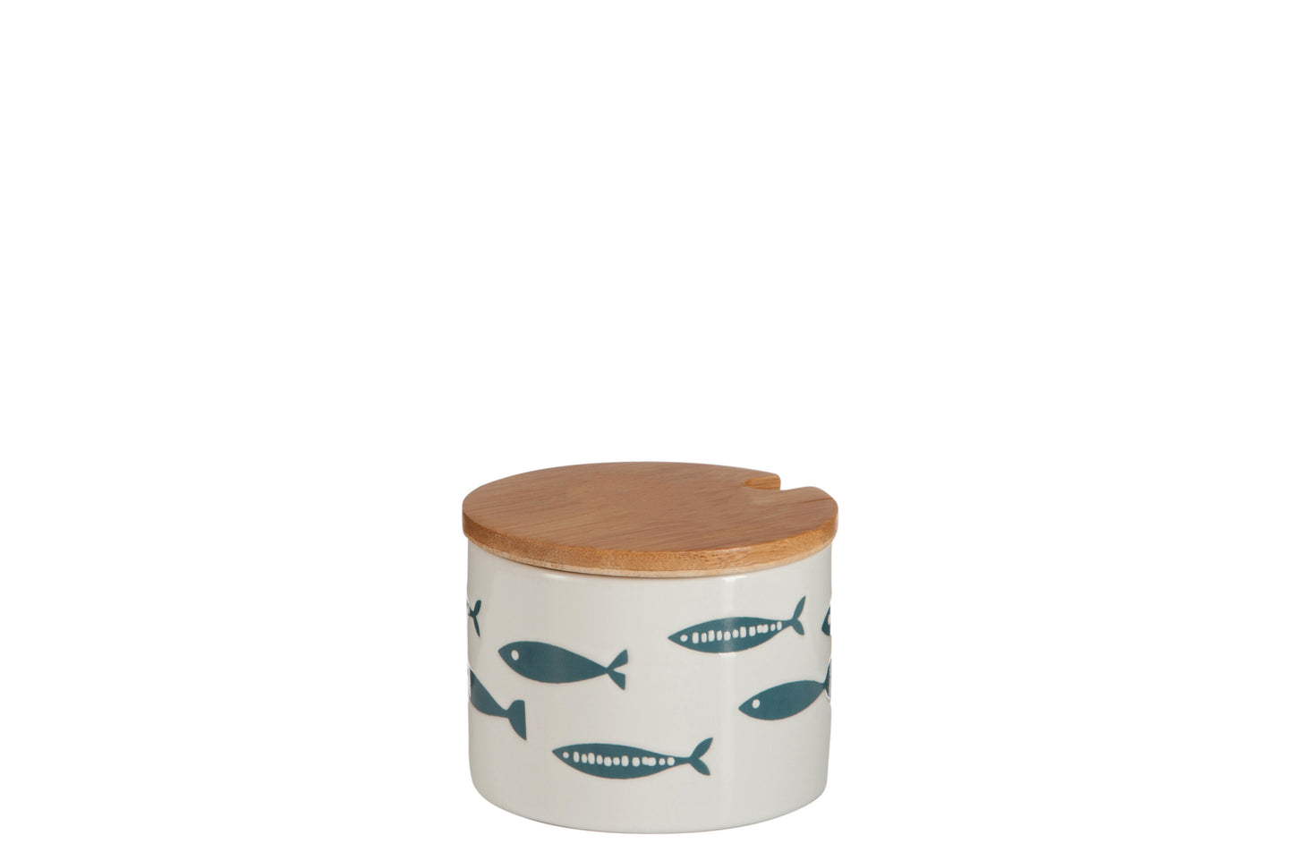 CANISTER+LID FISH CERAMIC/WOOD WHITE/BLUE